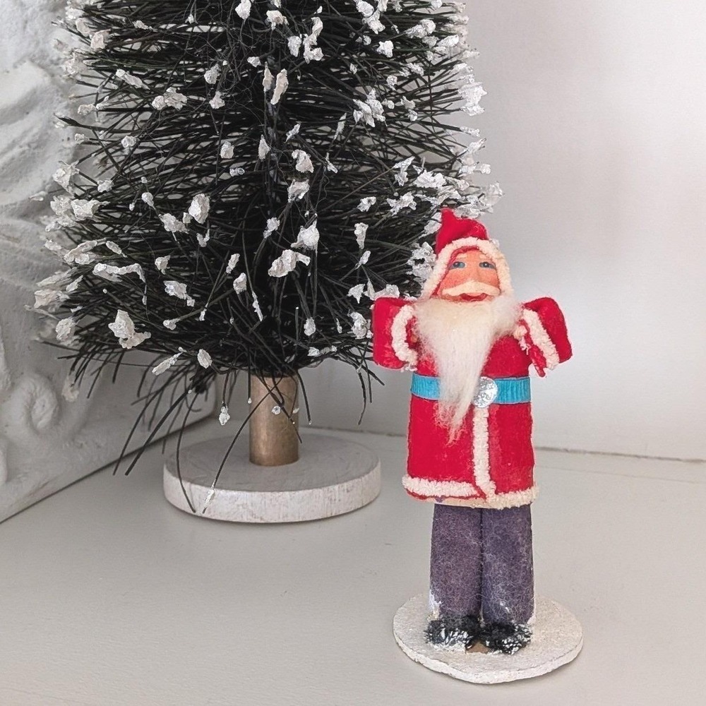 Vintage Spun Cotton Christmas Santa Claus Figurine Felt Suit Paper Mache Japan